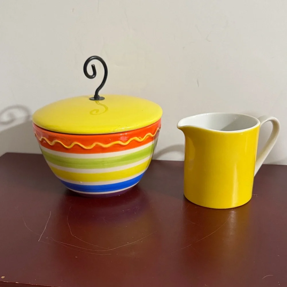 Colorful Ceramic Sugar Bowl and Creamer Set
